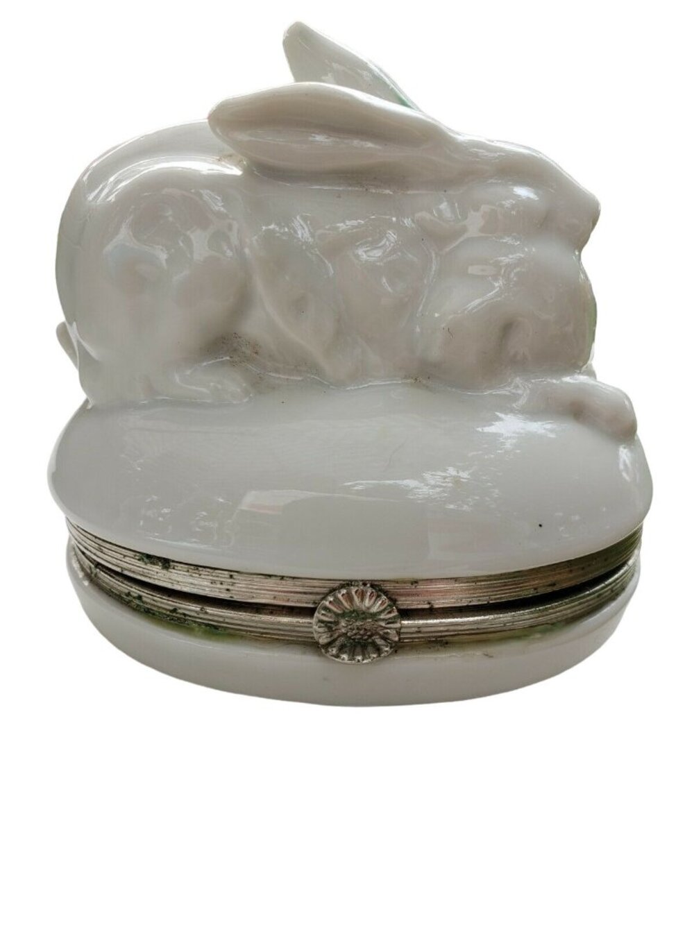 Vtg Porcelain White Lid Hardware Bunny Trinket Box White Japanese Haldon Group